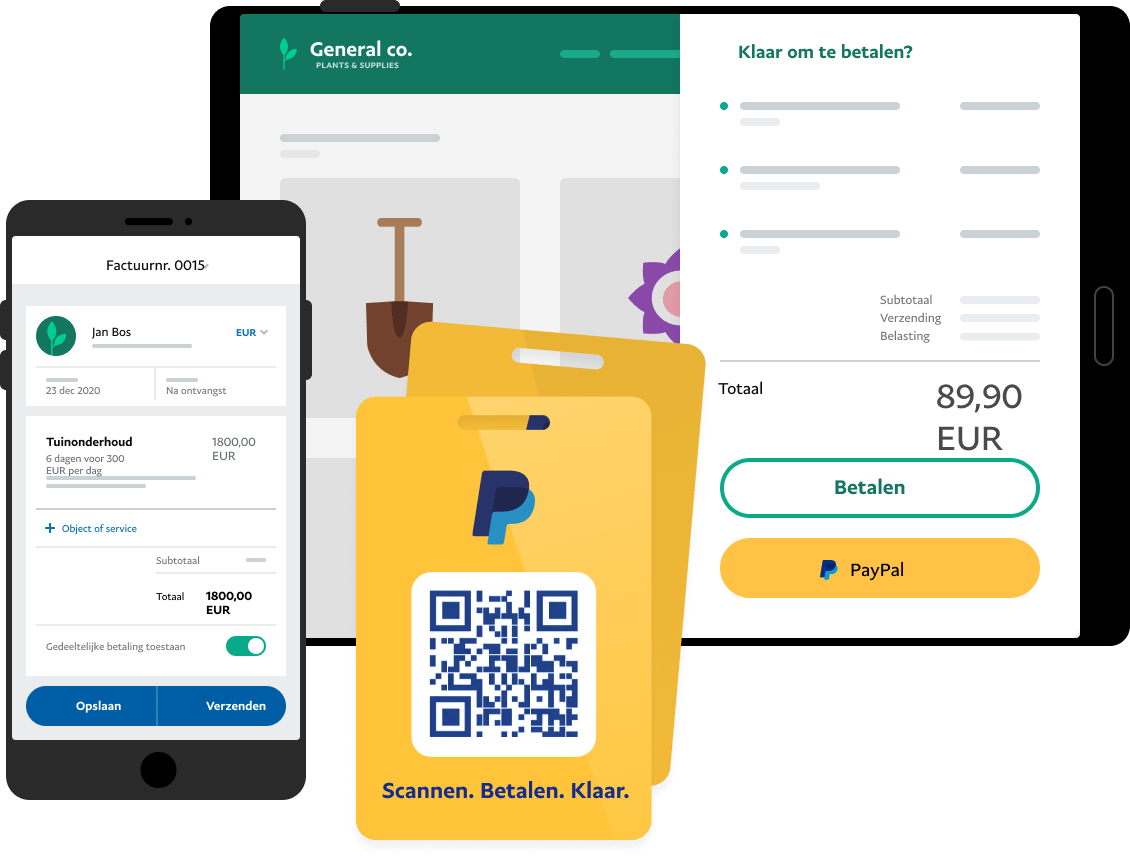 Illustratie van PayPal-producten op mobiel, QR-kaart, tablet 