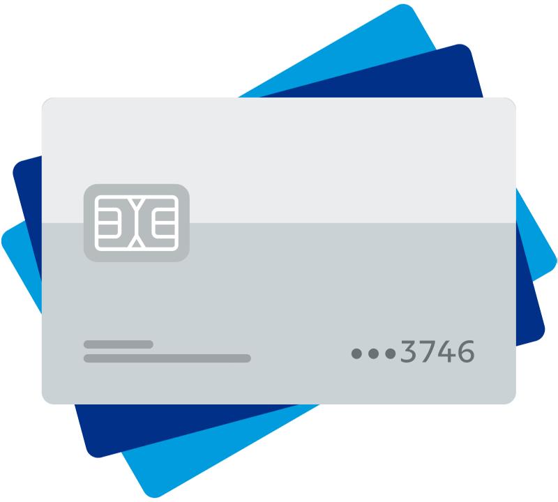 3 creditcards en bankpassen vertegenwoordigen populaire betaalmethoden die webwinkels kunnen accepteren met PayPal