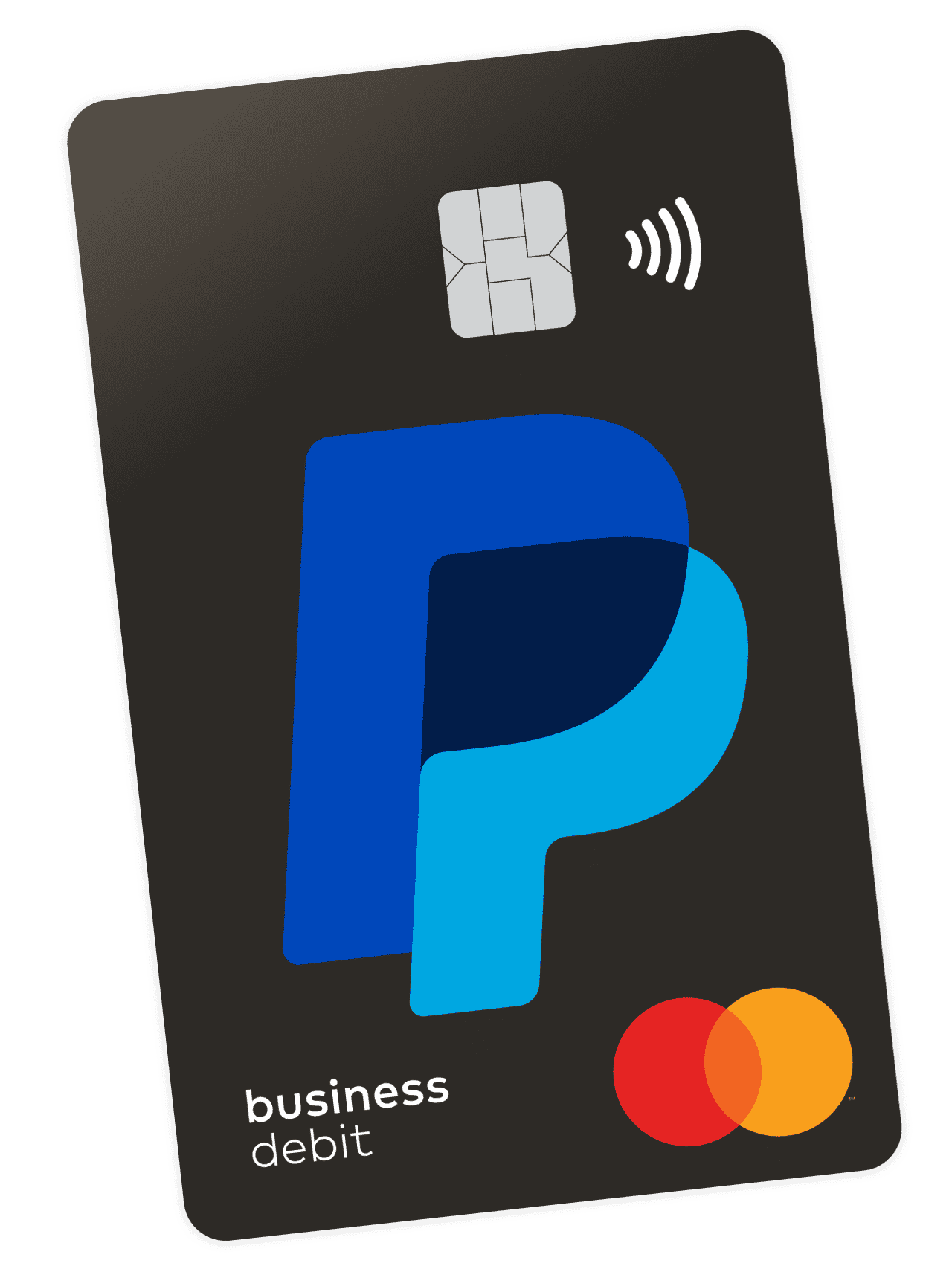 Mattschwarze PayPal Business Debit Mastercard mit blauem PayPal-Logo, silbernem Chip und rot-orangefarbenem Mastercard-Logo