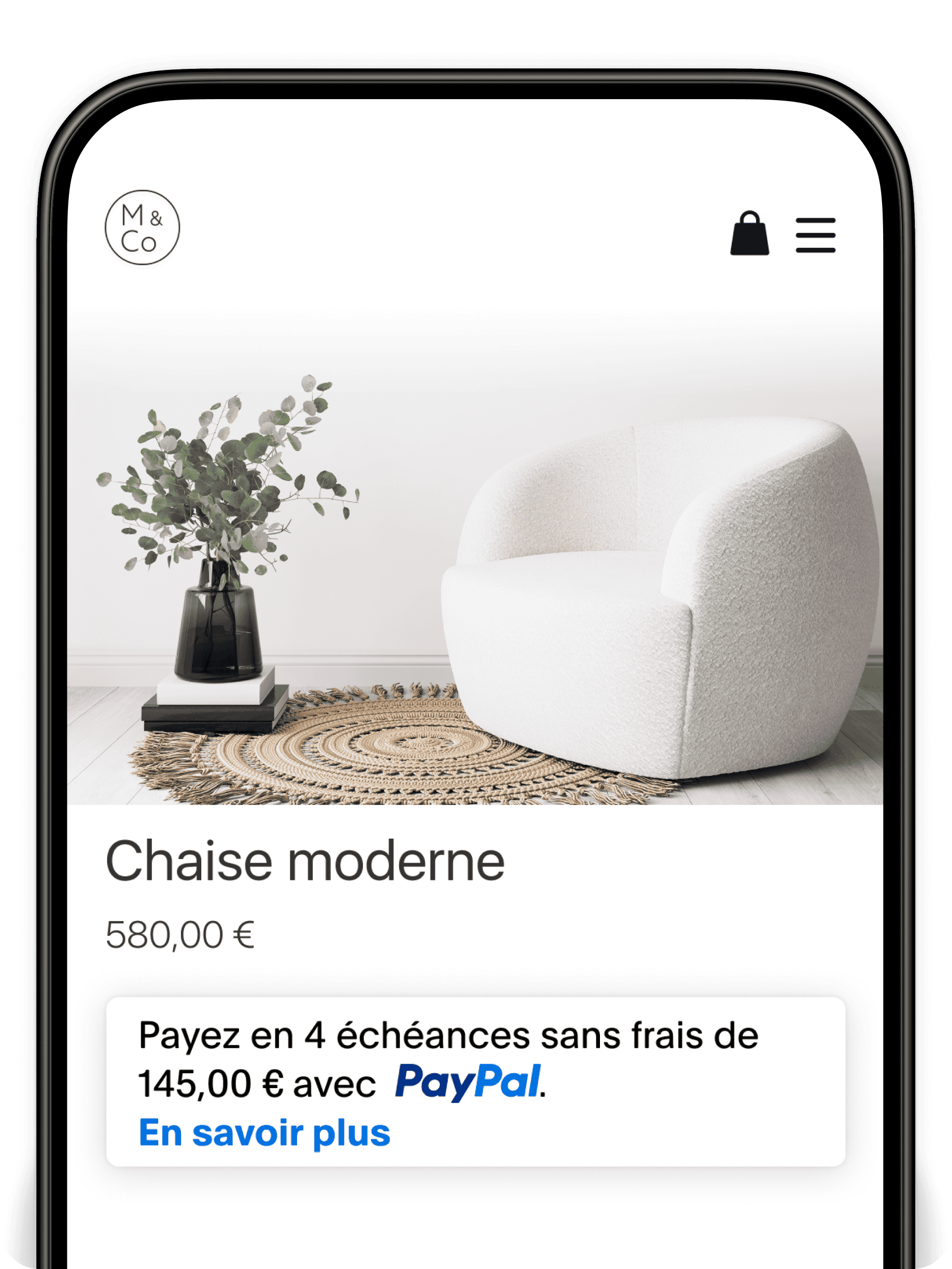 Une liste de casques antibruit avec option de paiement en 3 ; une annonce pour une chaise moderne avec option de paiement en 4X