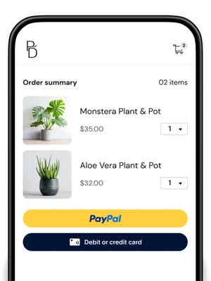 Mobile screen of Perez Design checkout displaying PayPal, and debit or credit card as payment options